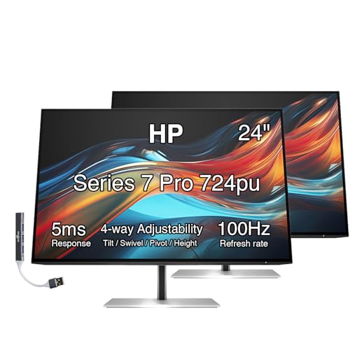 Image of HP Series 7 Pro 24 inch WUXGA USB-C Docking Monitor with Adjustable Tilt /Swivel /Pivot /Height, VESA Mount, Displayport w /DKZ Hub, Black /Silver 2 Pack