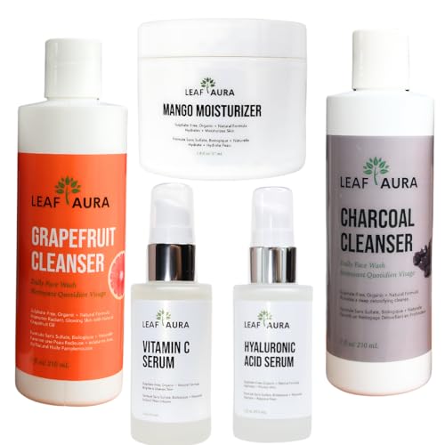 leaf aura Skin Care Products Combo (5 Items) - Comes With Charcoal Cleanser, Grapefruit Cleanser, Vitamin C Serum, Hyaluronic Acid, Mango Moisturizer- Made with Natural + Organic Formula