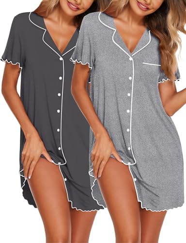Ekouaer 2er Nachthemd Damen Kurzarm Schlafshirt Sommer Stillnachthemd,S-XXL | 2 Teiler,Kontrastpaspel,Brusttasche,Boyfriend Style,Für alle Körperformen geeignet,Stillnachthemd,Loun