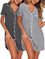 Ekouaer 2er Nachthemd Damen Kurzarm Sommer Schlafshirt V-Ausschnitt Stillnachthemd mit Knopfleiste Atmungsaktiv Sleepshirts Nachtwäsche mit Brusttasche Dunkelgrau/Hellgrau L