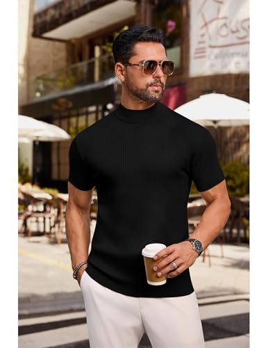 Vssjavun Mens Mock Turtleneck Sweater Slim Fit Short Sleeve Casual Knit Pullover Tops Basic Solid Undershirts2