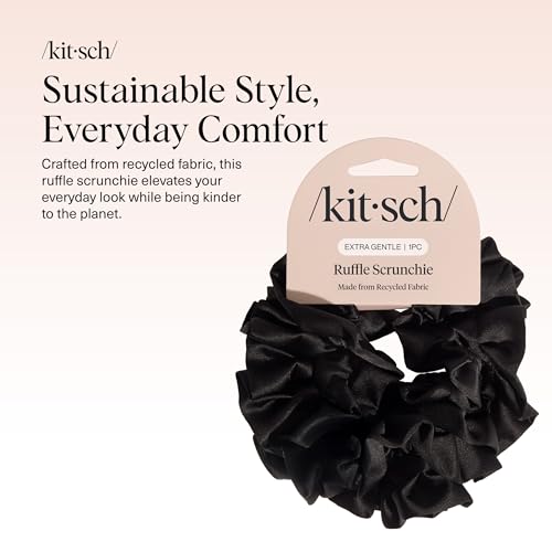 Image of Kitsch Recycled Satin Ruffle Scrunchie - Gentle Hair Scrunchie for Women, Eco-Friendly Hair Tie No Damage, Stylish Ponytail Holder | Ideal Gifts for Women - Black