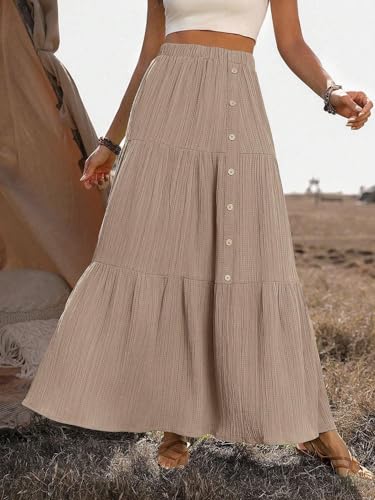 Women High Waist Button Elastic Waist Skirt Maxi Summer Skirt2