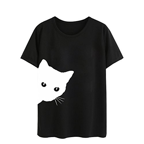 wodceeke T-Shirt à col Rond pour Femme Motif Chat - Noir - Taille S – vue 2