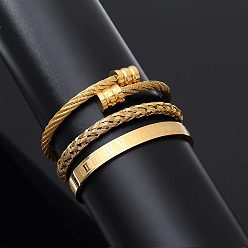 Wfyou 3Pcs Stainless Steel Bracelets For Men Gold Roman Numeral Bangle Bracelet Twisted Cable Bracelet Adjustable Cuff Bracelet Mens Luxury Jewelry Bracelets Gifts #TOP3