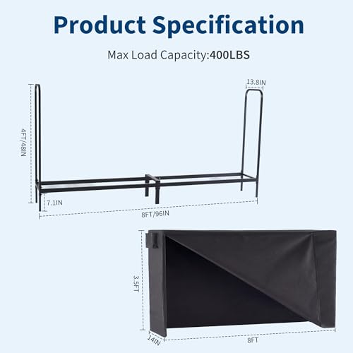 Image of DUMOS 8FT Heavy Duty Firewood Storage Rack, Heavy Duty Firewood Log Racks with Cover and Zipper, Outdoor Fire Wood Racks Storage Logs Rack and Cover Set for Farm, Garden, Patio, Black