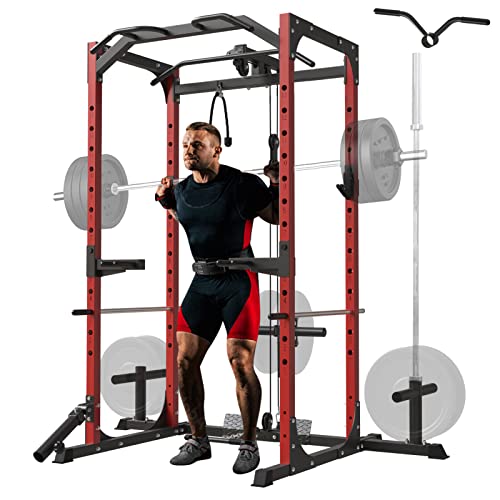 Mikolo Power Cage, Power Rack with LAT Pulldown, Multi-Functional Squat Rack with 230 Pounds Olympic Weight Plates Sets, Squat Cage with More Training Attachments for Home Gym, F4 Versions