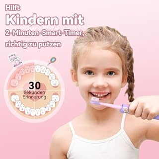 JTF Spazzolino Elettrico Bambini 3-12 Anni con 4 Testine, Timer, 5 Modalità di Pulizia, Timer Intelligente, Adesivi Personalizzabili - IPX7 Impermeabile Idea Regalo per Ragazze