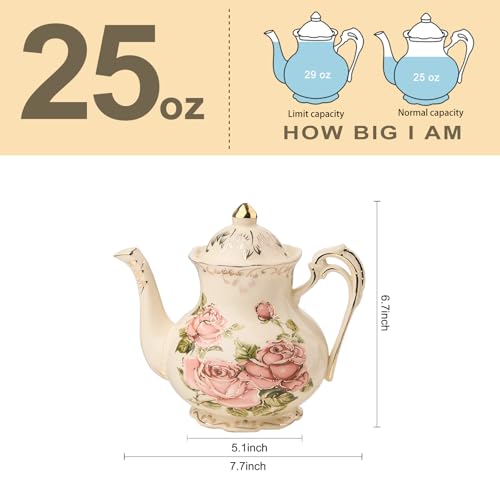 YOLIFE Small Pink Rose Teapot with Gold Trim