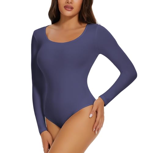 JOYSHAPER Women's Crew Neck Long Sleeve Bodysuit Slim Fit Stretchy Basic Tee Shirt Jumpsuit Top