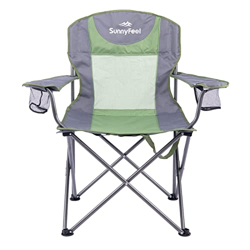 SUNNYFEEL Folding Oversized Camping Chair, Padded Portable Lawn Chairs for Adults Heavy Duty 300 LBS, Folding Camp Quad Chair High Back with Cup Holder,Armrest for Picnic,Beach,Sports Mesh G