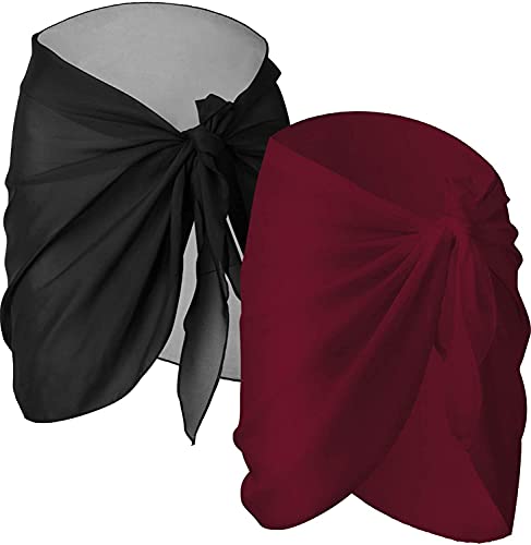 Sarongs for Women Beach Wrap Dress, 2 Pieces Black + Burgundy