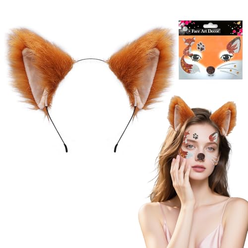 Yootiko 2 Stück Kostüm Fuchs für Kinder Erwachsene Fuchsohren Stirnband Fuchs Tattoo Gesicht Faschingskostüm Fox Cosplay für Karneval Halloween Tierkostüm Ohren Cosplay