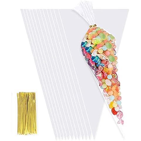 OWill 100pcs Clear Cone Bags, Sweet Bags, Clear Cellophane Bags for Baking, Sweets and Biscuits Cover
