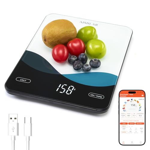 AIMILAR Smart Kitchen Scale - 10kg/22lb Rechargeable Food Scale with Nutritional Calculator, Calorie Counting, Tare Function, USB-C Charging, in g/lb:oz/oz/ml, LED Display, Tempered Glass