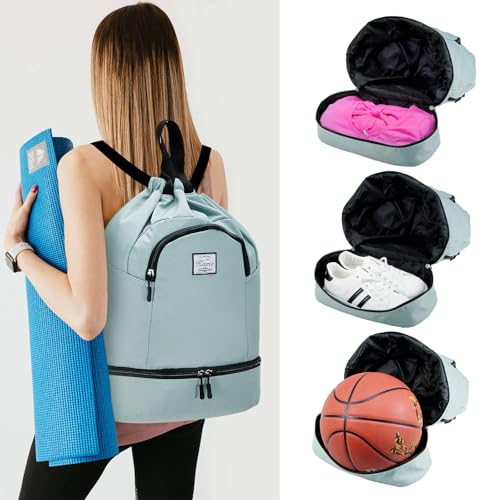 Image of Kamo Drawstring Backpack Bag - Sport Swimming Yoga Backpack with Shoe Compartment, Two Water Bottle Holder for Men Women Large String Backpack Athletic Sackpack for Travel
