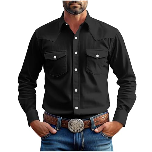 Western Cowboy Shirts for Men Pearl Snap Button Down Cotton Work Tshirt Men's Casual Shirt Jackets with Pockets Black
