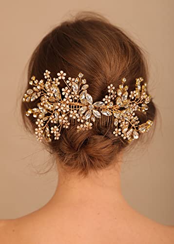 Peine para boda Denifery Gold con cristales y flores miniatura 1