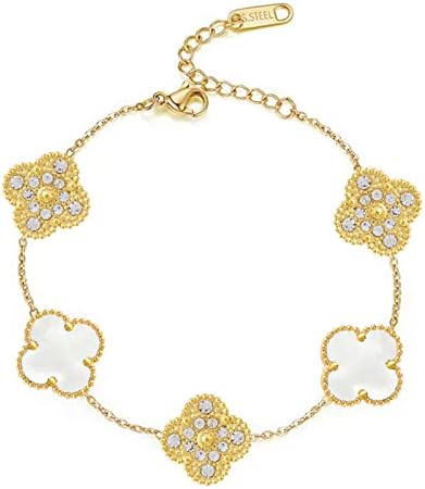 POLYREAL Lucky Clover Bracelet for Women Girls丨Hypoallergenicity Titanium Steel Bracelet Link丨Fashion Cute Jewelry Gifts for Women (Gold Zircon-White)