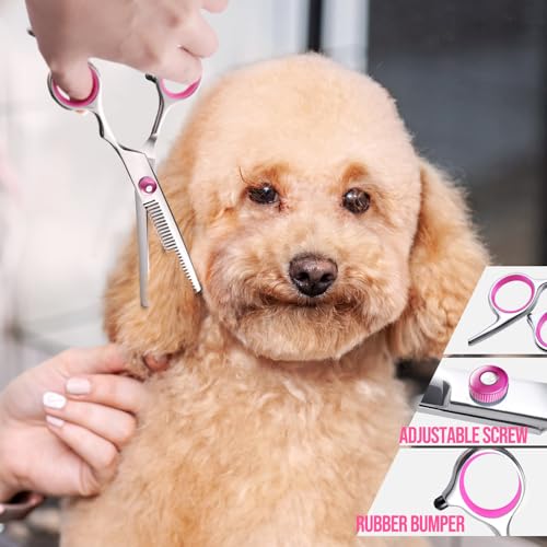 Gimars Hundepflegescheren-Set, professionell, 4CR, mit runder Sicherheitsspitze, 5-in-1-Hochleistungsschere mit Titanbeschichtung und gebogener und gerader Schere