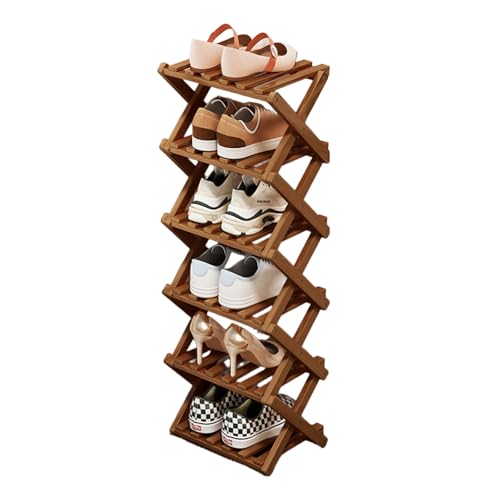 Buric 6 Tier Natural Bamboo Shoe Rack,Foldable Space Saving Shoe Storage Organizer,Easy Assembly & Strong Design Shoes Stand Shelf Organiser for Closet (Brown, Six Layers)