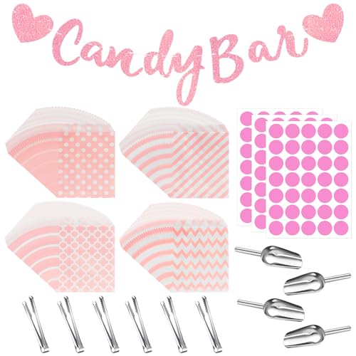 114PCS Accessoires Candy Bar Kits,Contient 100 Sacs en Papier Kraft Bonbons,3 Autocollants,6 Pinces à Glaçons Pinces à Sucre,4 Cuillères à Glace,1 Candy...