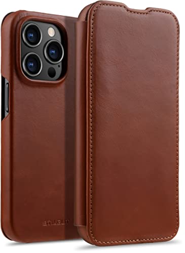 Coque iPhone 14 Pro cuir StilGut clapet cognac pour le bureau et les voyages