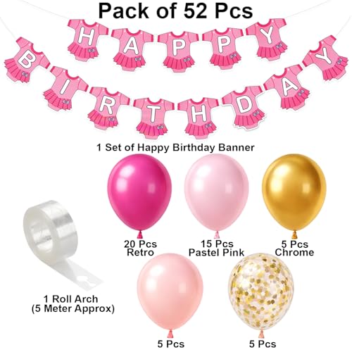 Image of Pink Birthday Decoration Kit with Dress Theme Happy Birthday Banner, Pink & Gold, Confetti Balloons and Arch Strip - Birthday Party Decoration for Girls Kids Celebration - Pack of 52