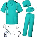 BOMLY Doctor Costume for Kids 7Pcs Toddler Nurse Scrubs Set With Halloween Dress Up Costumes for Boys and Girls Ages 3-11 (Green, 8-9Years)