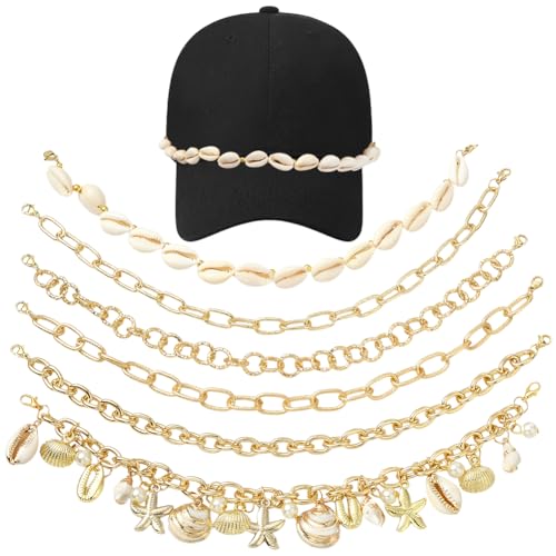 Chaînes de chapeaux de camionneur SUNNYCLUE : lot de 6 bijoux dorés avec perles et coquillages
