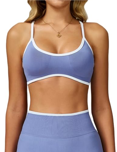 Image of Ausing Ribbed Seamless Crop Top Sports Bra for Women Medium Support Wireless Padded Workout Blue White S