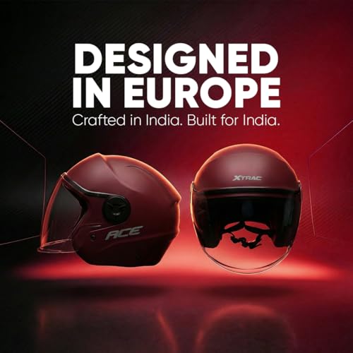 Image of Xtrac Ace ISI Certified Open Face Helmet for Men & Women | Half Face Bike Helmet with Scratch-Resistant Clear Visor | Lightweight ABS Shell | Quick Release Buckle | Wine Red - L