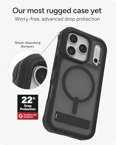 Image of ZAGG Rainier Case with Kickstand for iPhone 17 Pro - Smoke Black, Graphene 22ft (7m) Drop Protection, Lanyard Attach Points, MagSafe, Wireless Charging Compatible, 2-Piece Design, Phone Case