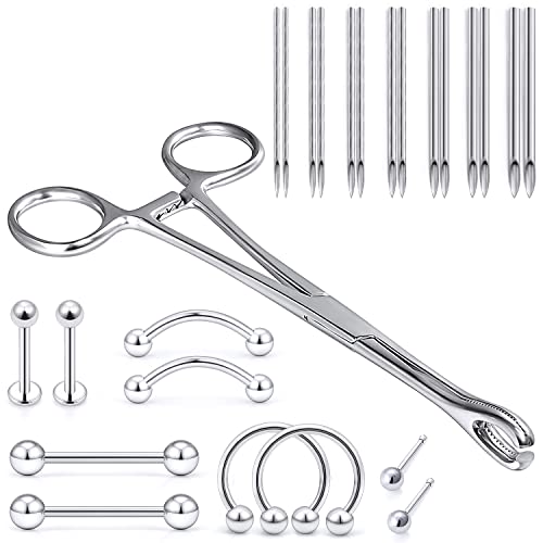 Vsnnsns 316L Surgical Stainless Steel Round Piercing Clamps Forceps Tools with 10G 12G 13G 14G 16G 18G 20G Piercing Needles for Nose Septum Lip Tongue Eyebrow Belly Rings Ear Piercing Jewelry
