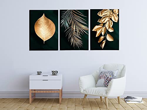 Kit 3 Placas Quadro Decorativo Folhas Floral Dourado Gold