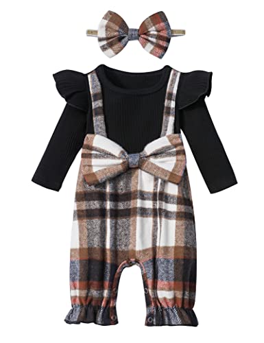 Image of Queenstyle Newborn Baby Girl Clothes Romper Long Sleeve Ruffle Jumpsuit Cute Infant Girl Fall Winter Outfits with Headband