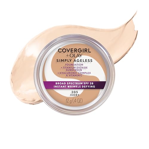 COVERGIRL Simply Ageless Instant Wrinkle Defying Foundation, SPF 28, Hyaluronic Complex & Vitamin C - 205 Ivory, Pack of 1