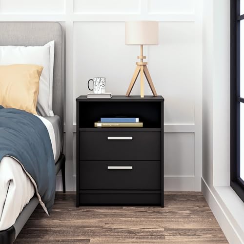 Image of Prepac Studio Essentials Nightstand Bedside Table, Black Nightstand for Bedroom, End Table with 2 Drawers and Open Shelf 16 inch D X 21.25 inch W x 26.25 inch H