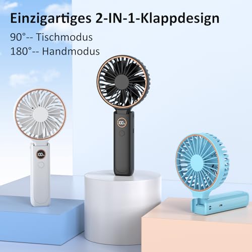 Rintea Handventilator, Tragbarer Mini Ventilator mit 6 Geschwindigkeiten, Faltbarer USB Ventilator, 4000mAh Wiederaufladbar, Leise & Leicht, Ideal für Büro, Reise & Outdoor (Schwarz) 5