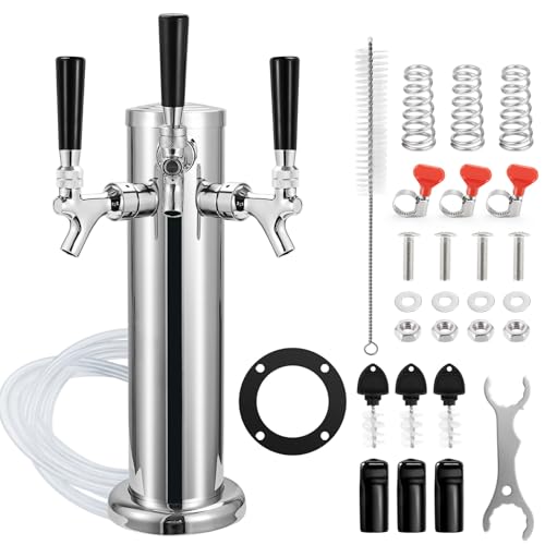 FERRODAY 3 Taps Beer Tower Dispenser Kegerator Tower, 3" Beer Keg Tap Keg Tower Kegerator Tap Tower Kegerator Parts Kit, Stainless Steel Tower Brass Faucet Stainless Core Pre-assembled Lines