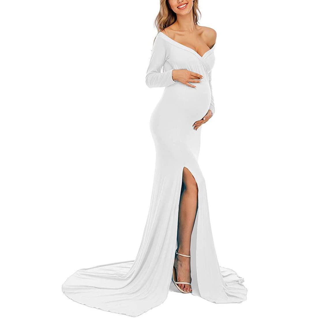 Robe de maternité à épaules dénudées, Robe Longue Fendue pour Femmes Enceintes, Blanc M, de Photographie pour Femmes
