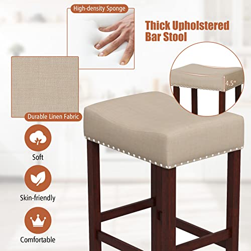 Image of COSTWAY Wooden Saddle Stools Set of 2, 25-inch Backless Counter Chairs with Nailhead Trim, Rubber Wood Frame, Footrest, Max Load 330 Lbs, Upholstered Bar Stools for Kitchen Island, Beige+Brown