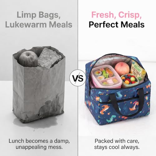 Image of Toy Imagine 5.6L Insulated Lunch Bag for Kids School Cute Cartoon Print Tiffin Bag Snack Tote Bag Compact Portable Leak Proof Tiffin Pouch Hot and Cold Lunch Box Bag for Boys & Girls (Dinosaur Design Blue)