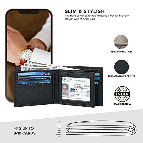 Traversible Real Leather Bifold Wallet for Men, Ultra Slim Minimalist Front Pocket with RFID Blocking 9 Credit Card Storage Holder, 1 ID Window, Slim & Stylish Billfolds Wallet - Image 3