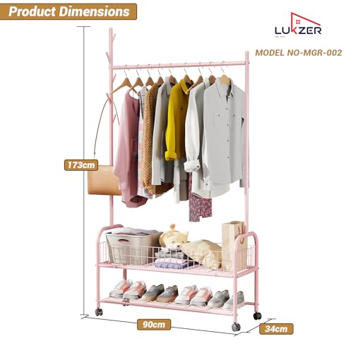 Image of Lukzer | MGR-002 | Pink | Metal Cloth Stand & Garment Rack with Wheels, 2 Bottom Shelves & Single Rod - Space-Saving Clothes Organizer for Bedroom, Laundry, Entryway & More | 173 x 90 x 34 cm