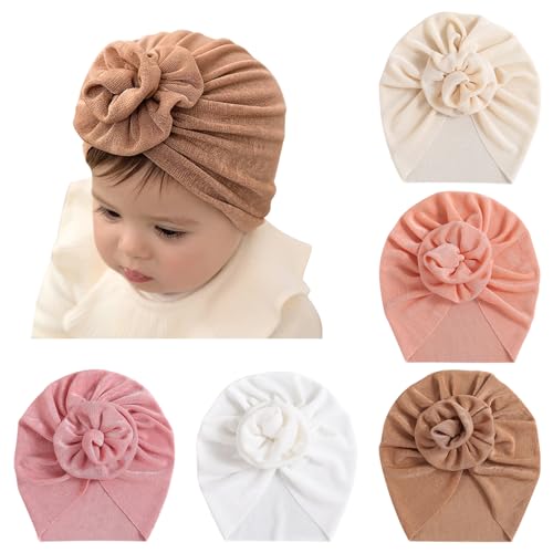 Image of DRESHOW BQUBO 5 Pieces Baby Turban Hats Turban Bun Knot Baby Infant Beanie Baby Girl Soft Cute Toddler Cap