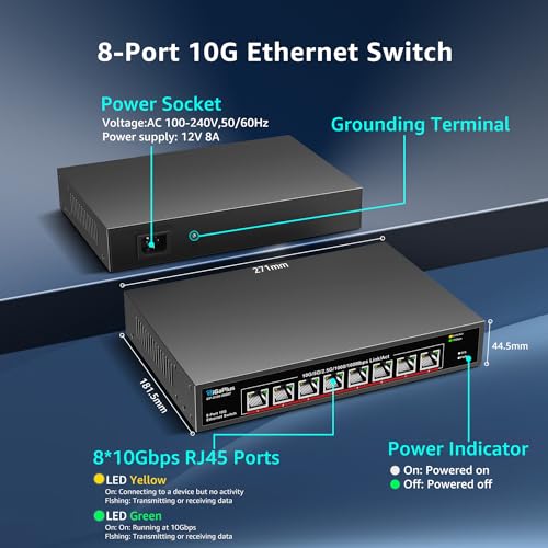 Image of 8 Port 10Gb Ethernet Switch Unmanaged, 8X 10Gbe Base-T Ports, GiGaPlus 10G Network Switch for 10Gbps NAS, PC, WiFi7 Router, 10Gbps Adapter /NIC. Desktop / 19-inch Rack Mount, Plug and Play