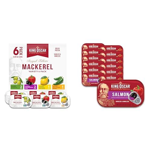 King Oscar Seafood Bundle: Skinless & Boneless Mackerel Variety Pack 4.05 oz (Pack of 6) and Mediterranean Style Salmon in Olive Oil 4.05 oz (Pack of 12)