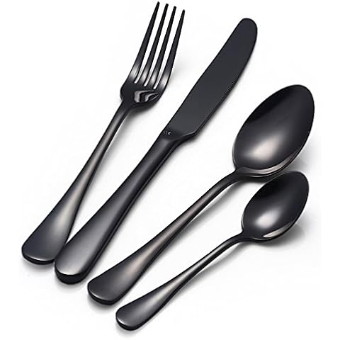 Buyer Star 4pcs Flatware Set Black Stainless Steel Cutlery Utensil, Silverware Dinnerware Knife Fork Spoon Teaspoon Cutlery Set for 1 Cover