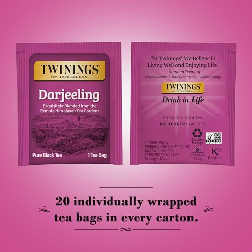 Image of Twinings Darjeeling Tea - A Delicate, Dry Black Tea, Sophisticated Coffee Alternative with Less Caffeine, Individually Wrapped Tea Bags, 20 Count (Pack of 2)